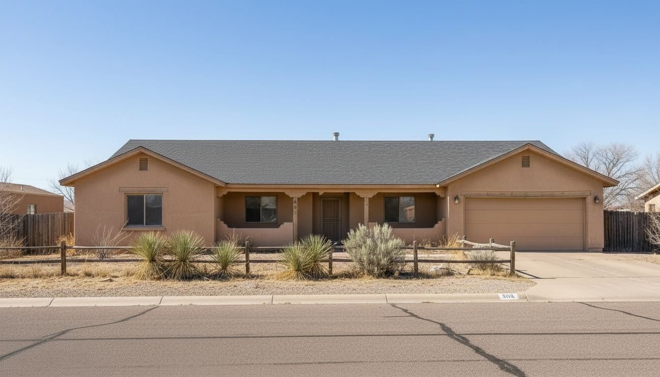 Illustrative example: the same Albuquerque home with a new asphalt shingle roof, clean lines and no visible damage